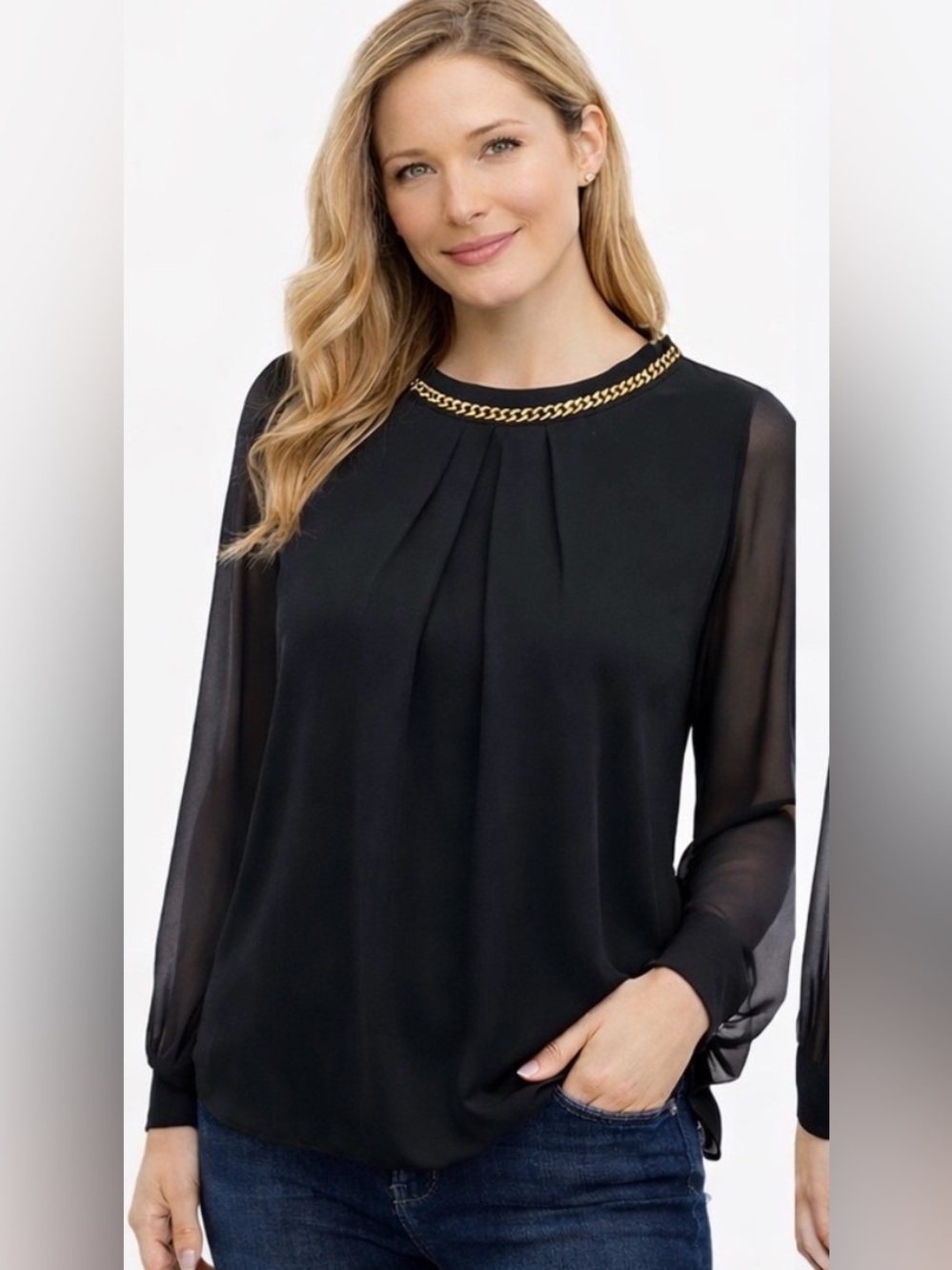 Windsor Chiffon Black Blouse Gold Chain Sheer OfficeCore Career Date Night Small